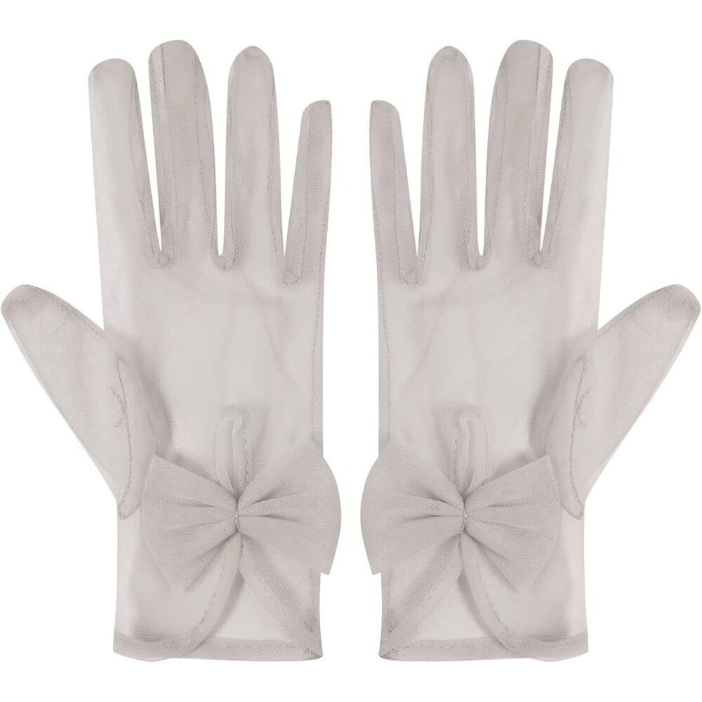 Women's Silver Evening Sheer Tulle Short Length Gloves Wrist Tea Party Prom